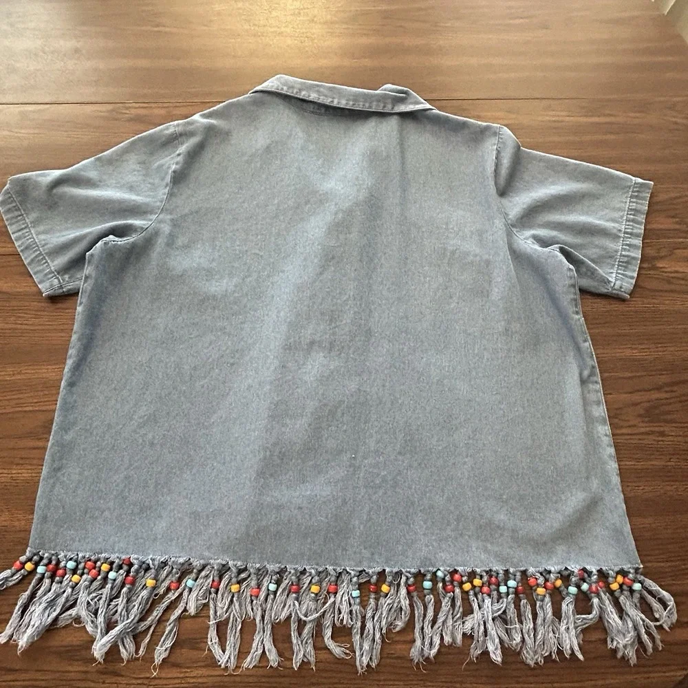 Stonebridge 1X Chambray‎ Denim Beaded Fringe Hem Shirt Festival Western Plus - Picture 11 of 13
